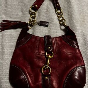 Unique Rare Authentic Coach Deep Red Leather Hobo Shoulder Bag with Brass